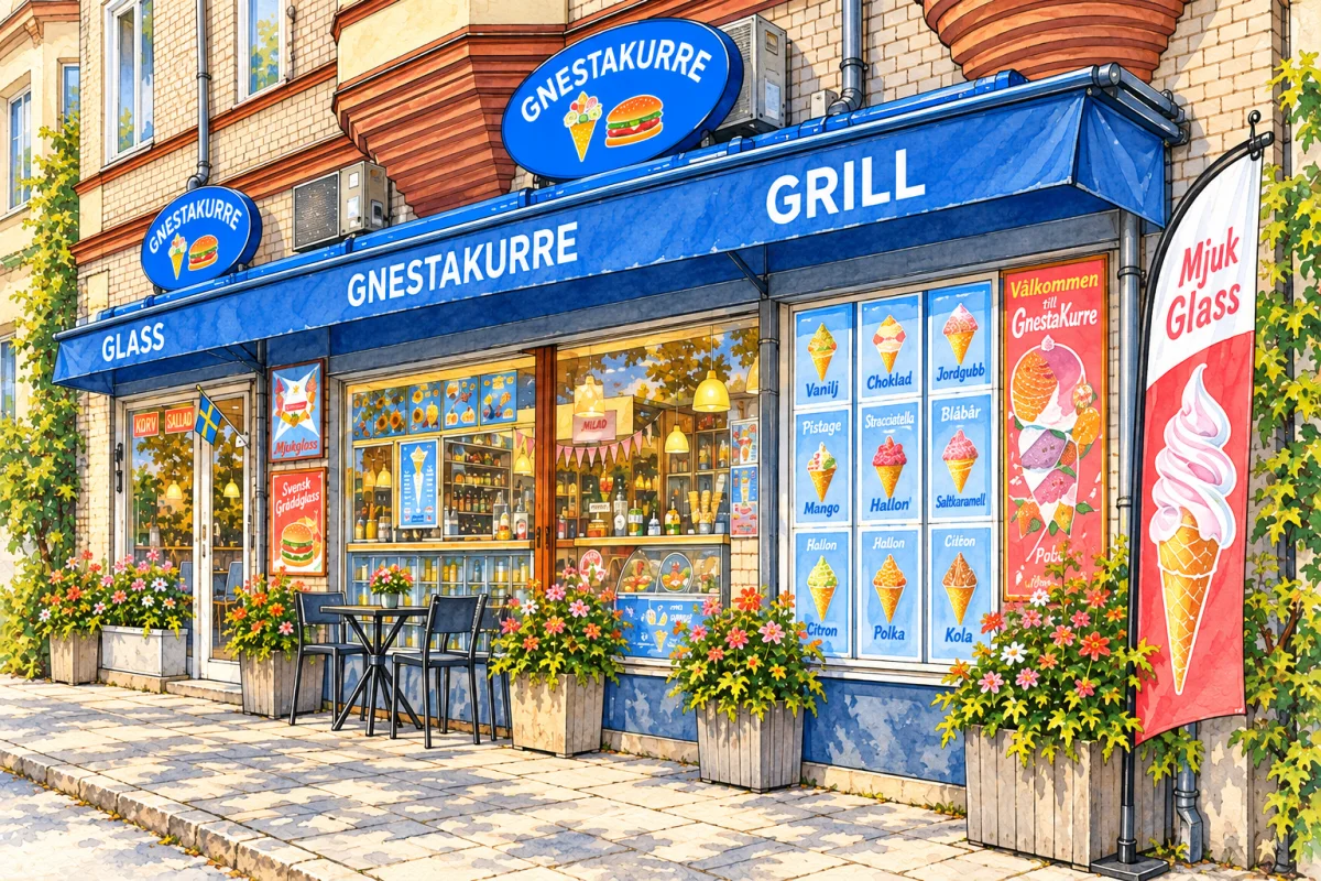Illustration av Gnesta Kurres fasad med blå markis
